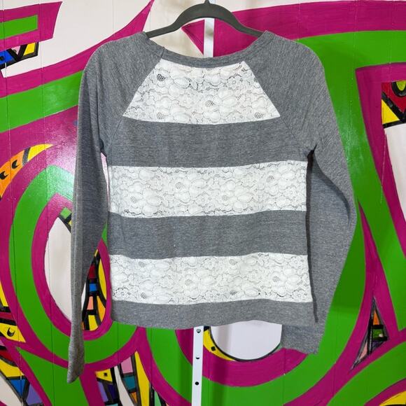 LC Lauren Conrad Gray and White Lace Striped Raglan Sweater. Size Small. - Picture 6 of 6
